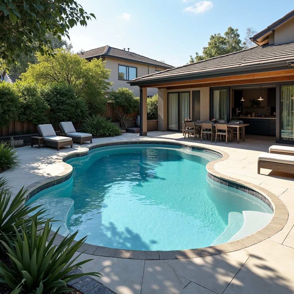 Backyard with a turquoise pool, patio, outdoor dining, lounge chairs, and a house in the background.