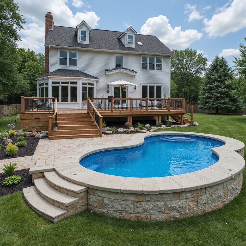 Backyard with pool, deck, and two-story house. Blue pool surrounded by stone. Wooden deck, green lawn, trees.