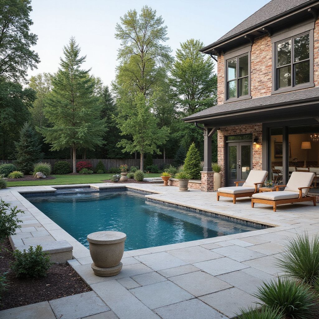 Backyard with pool, stone patio, brick house, and trees. Two lounge chairs under an overhang.