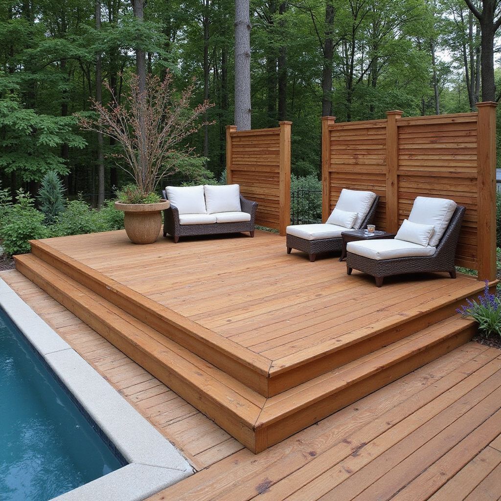 Wooden deck with steps, pool edge, and outdoor seating near a privacy fence.