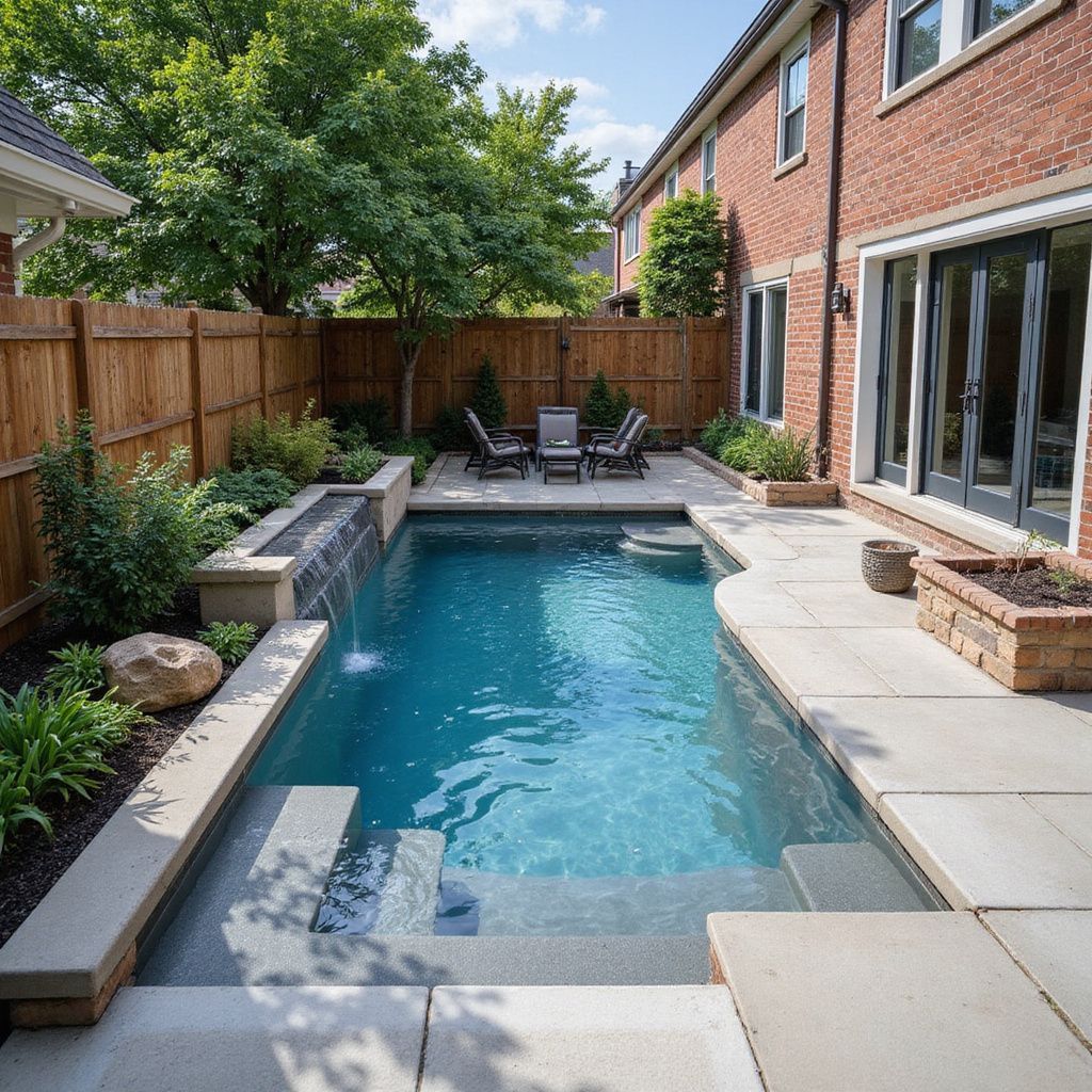 Backyard with rectangular pool, patio, and brick house. Wooden fence and trees in background.
