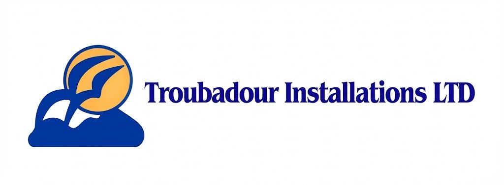 Logo of Troubadour Installations, featuring a dark blue construction tool on blue waves. Text is dark blue.