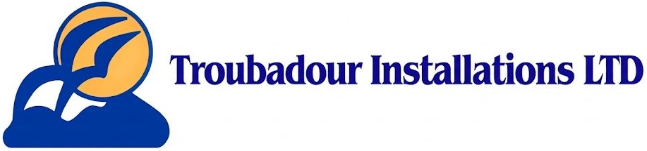 Logo of Troubadour Installations, featuring a dark blue construction tool on blue waves. Text is dark blue.