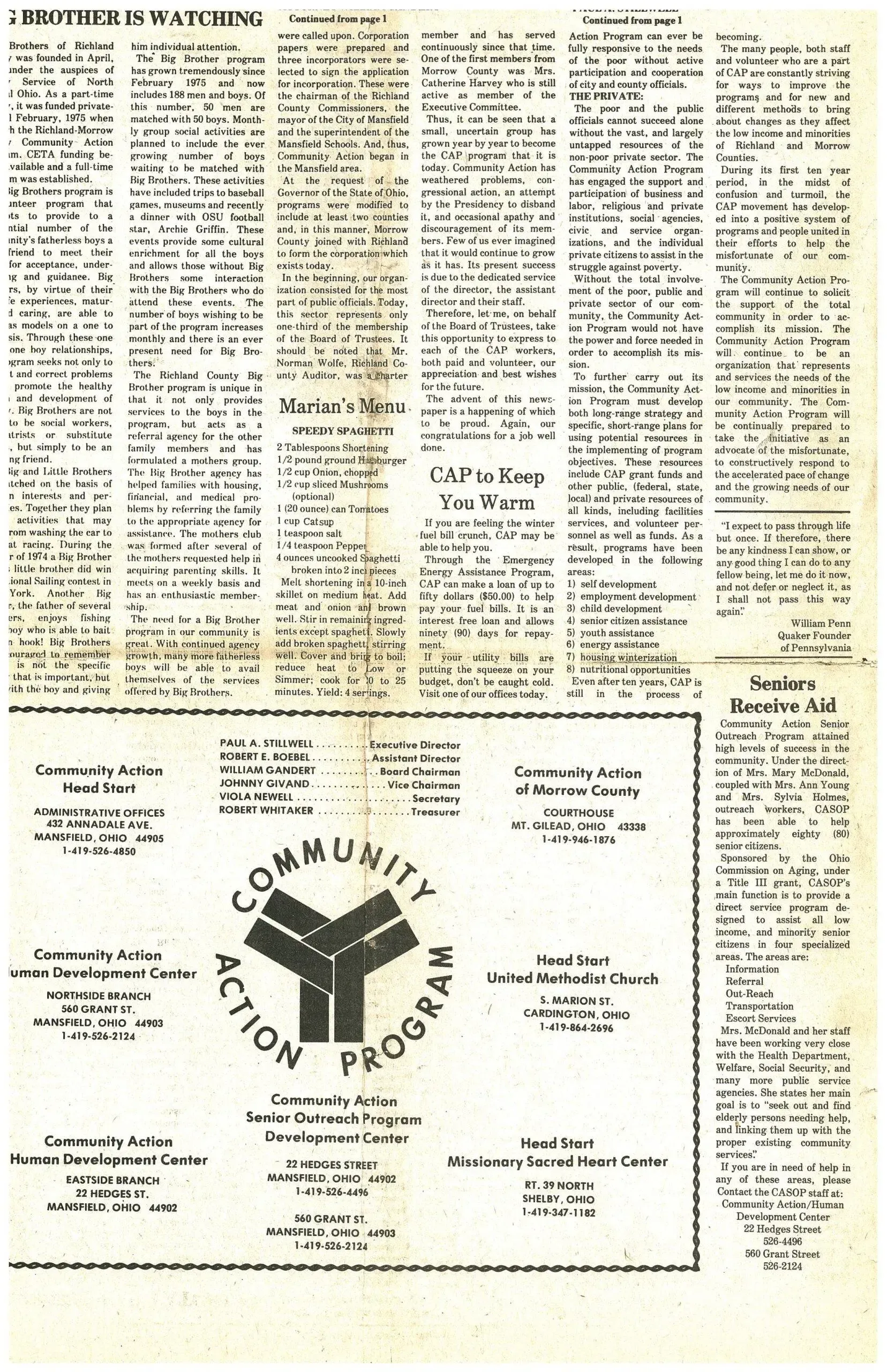 A page of a newspaper with a community action program advertisement on it.