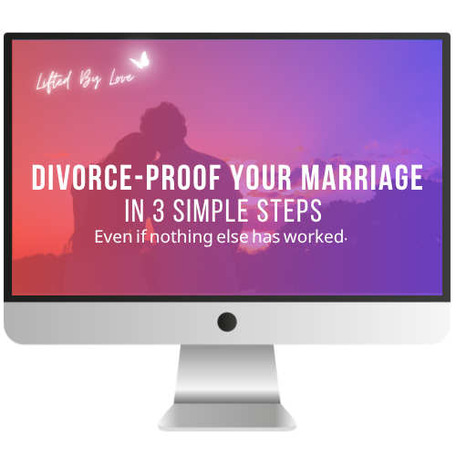 Computer monitor showing “DIVORCE-PROOF YOUR MARRIAGE IN 3 SIMPLE STEPS even if nothing else has worked” on a pink-purple gradient background