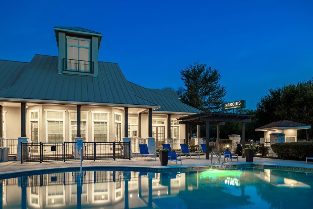 Swimming pool at night at Marquis Bandera in San Antonio, TX.