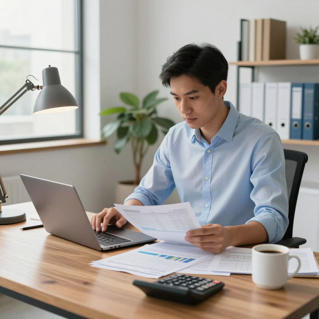 A professional working at a desk with a laptop, documents, a calculator, and a coffee mug in an office setting.