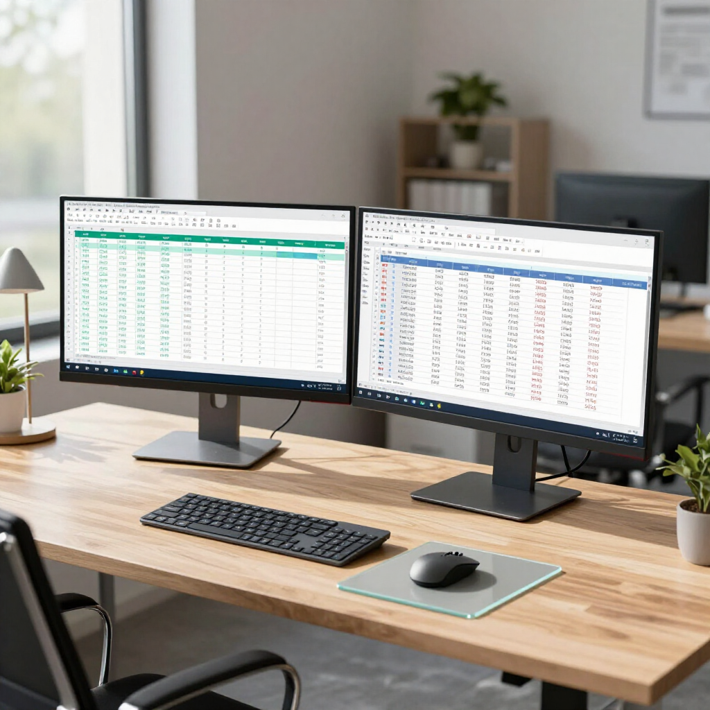A desk with a keyboard, mouse, and two monitors displaying spreadsheet data in a bright, modern home office.