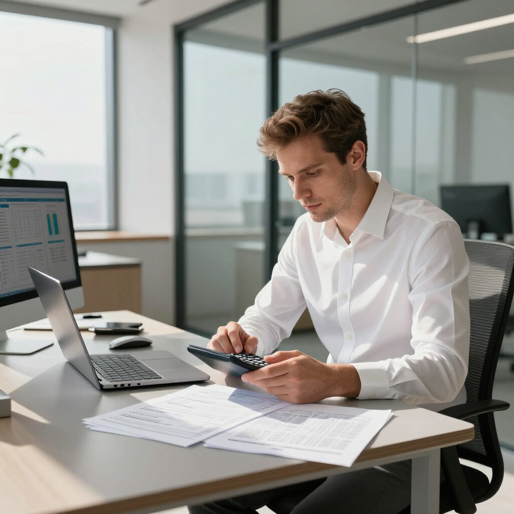 A person in a white button-down shirt works at an office desk, calculating figures using documents and a calculator.