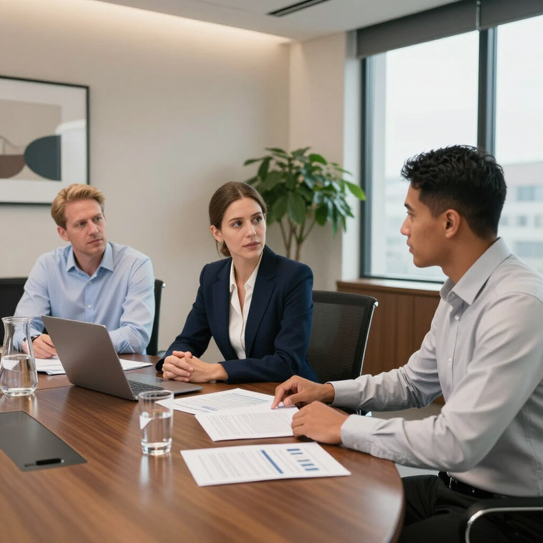 Three professionals sit at a wooden conference table in an office, reviewing documents and discussing work.