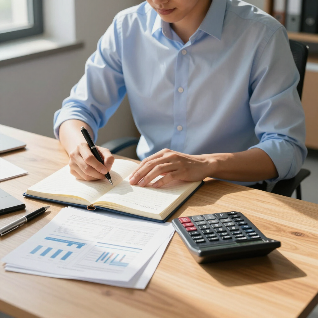 A person in a light blue shirt writes in a notebook at a desk with financial charts and a calculator.