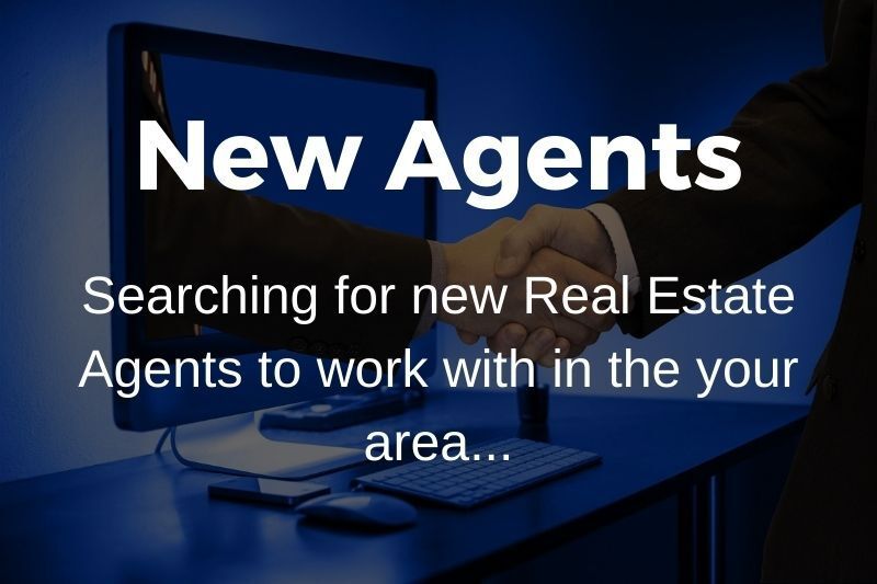 Two people shaking hands in front of a computer with the words new agents searching for new real estate agents to work with in the your area