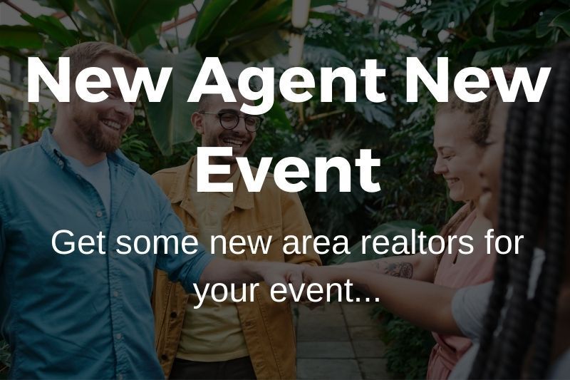 A group of people shaking hands in front of a sign that says `` new agent new event ''.