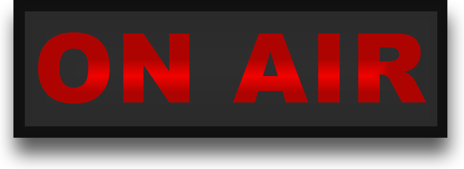 A sign that says `` on air '' in red letters on a black background.