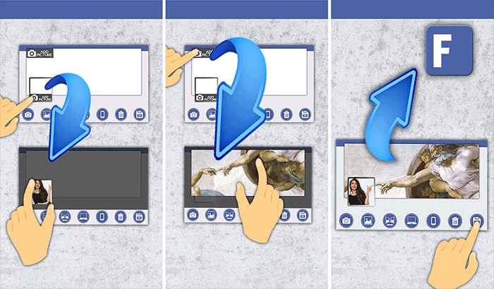 A collage of three images of a person using a facebook app