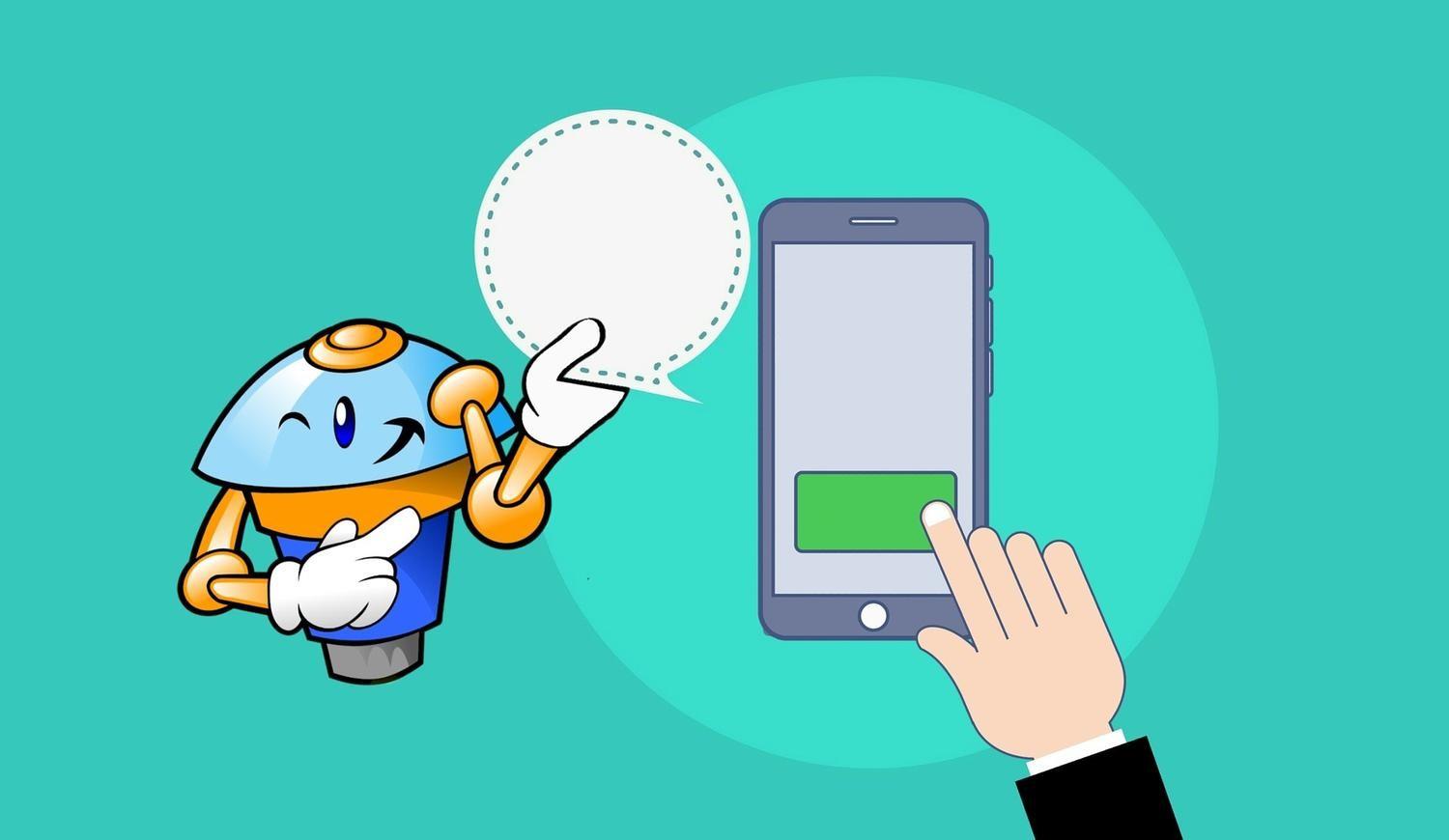 A hand is pointing at a cell phone next to a robot with a speech bubble.