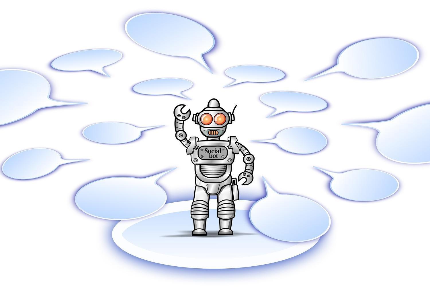 A cartoon robot is surrounded by speech bubbles