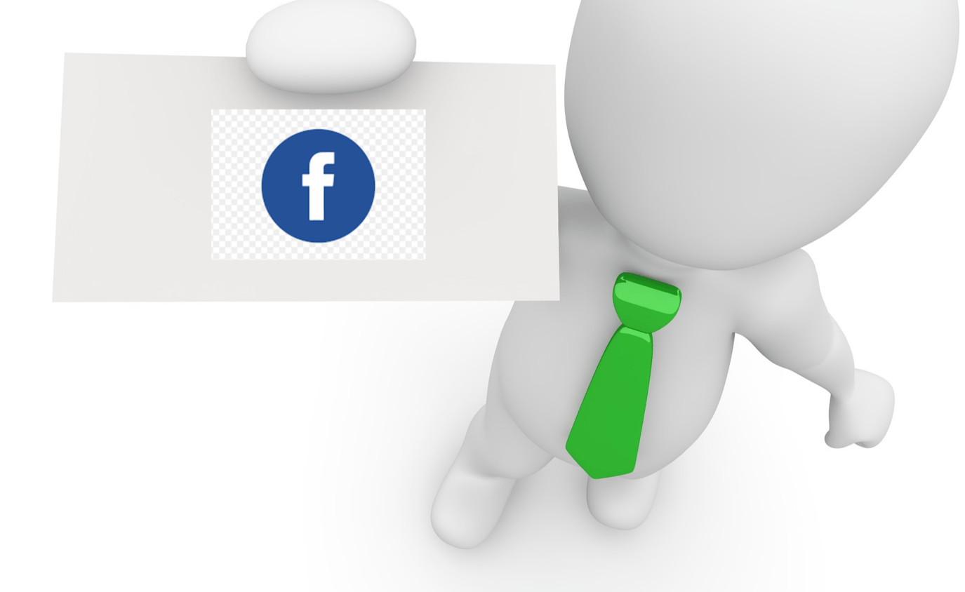 A 3d man with a green tie is holding a facebook sign