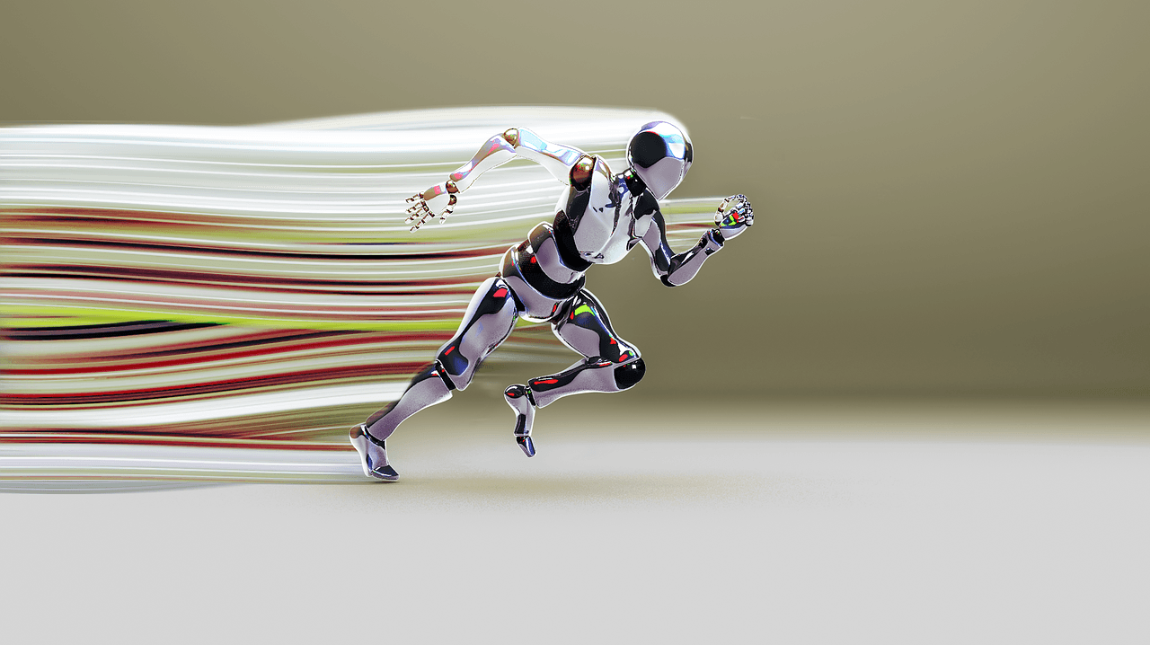 A robot is running fast on a white surface.