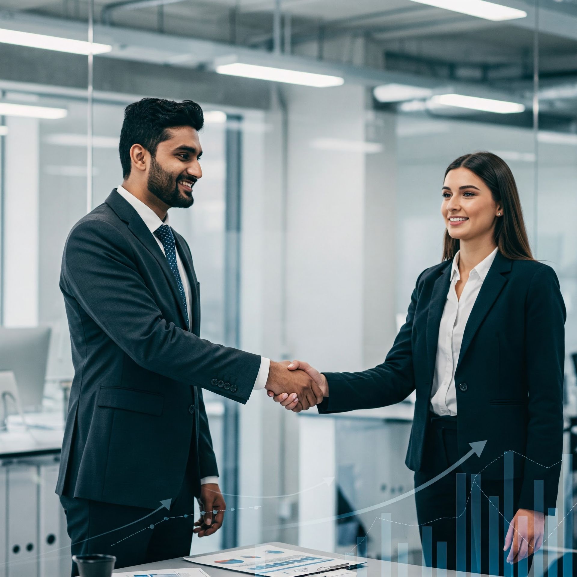 Partnership handshake with rising business chart.
