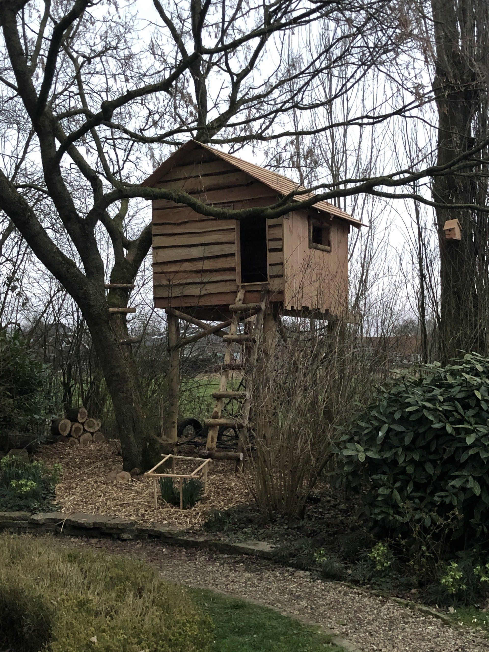 Midden in het bos staat een houten boomhut bovenop een boom.