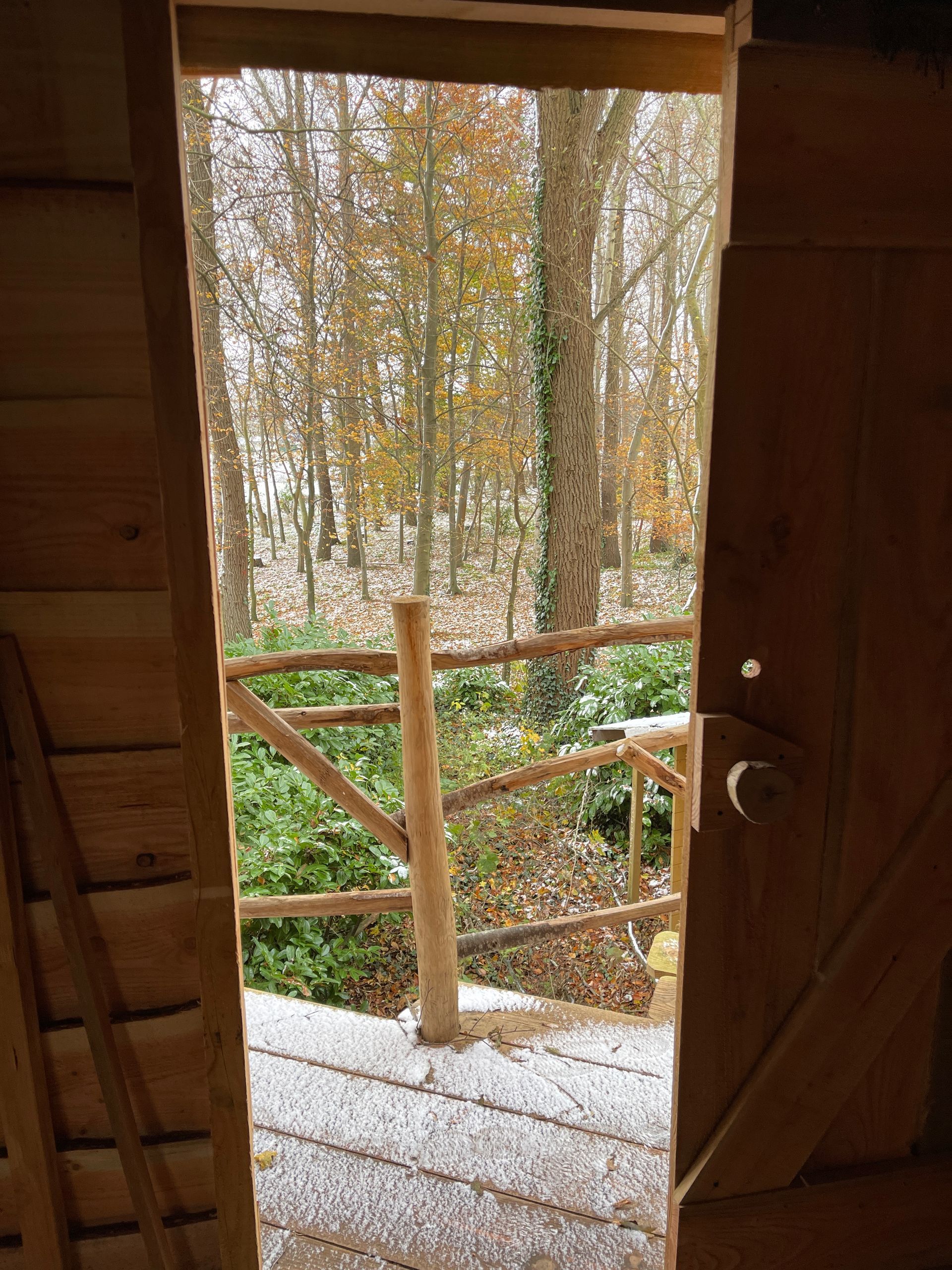 Een houten deur met daardoor uitzicht op een bos.