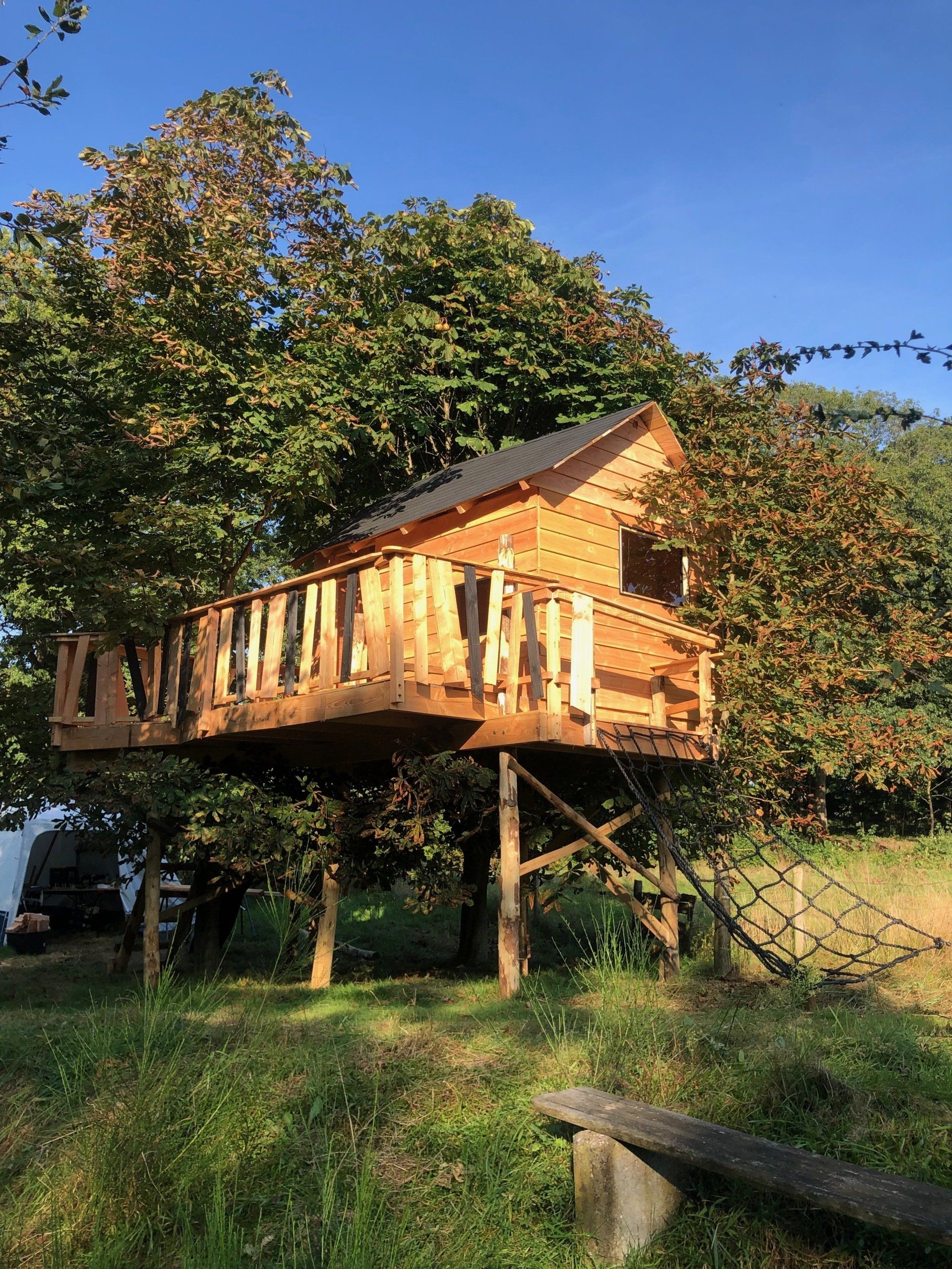 Een houten boomhut staat op de top van een met gras begroeide heuvel, omringd door bomen.