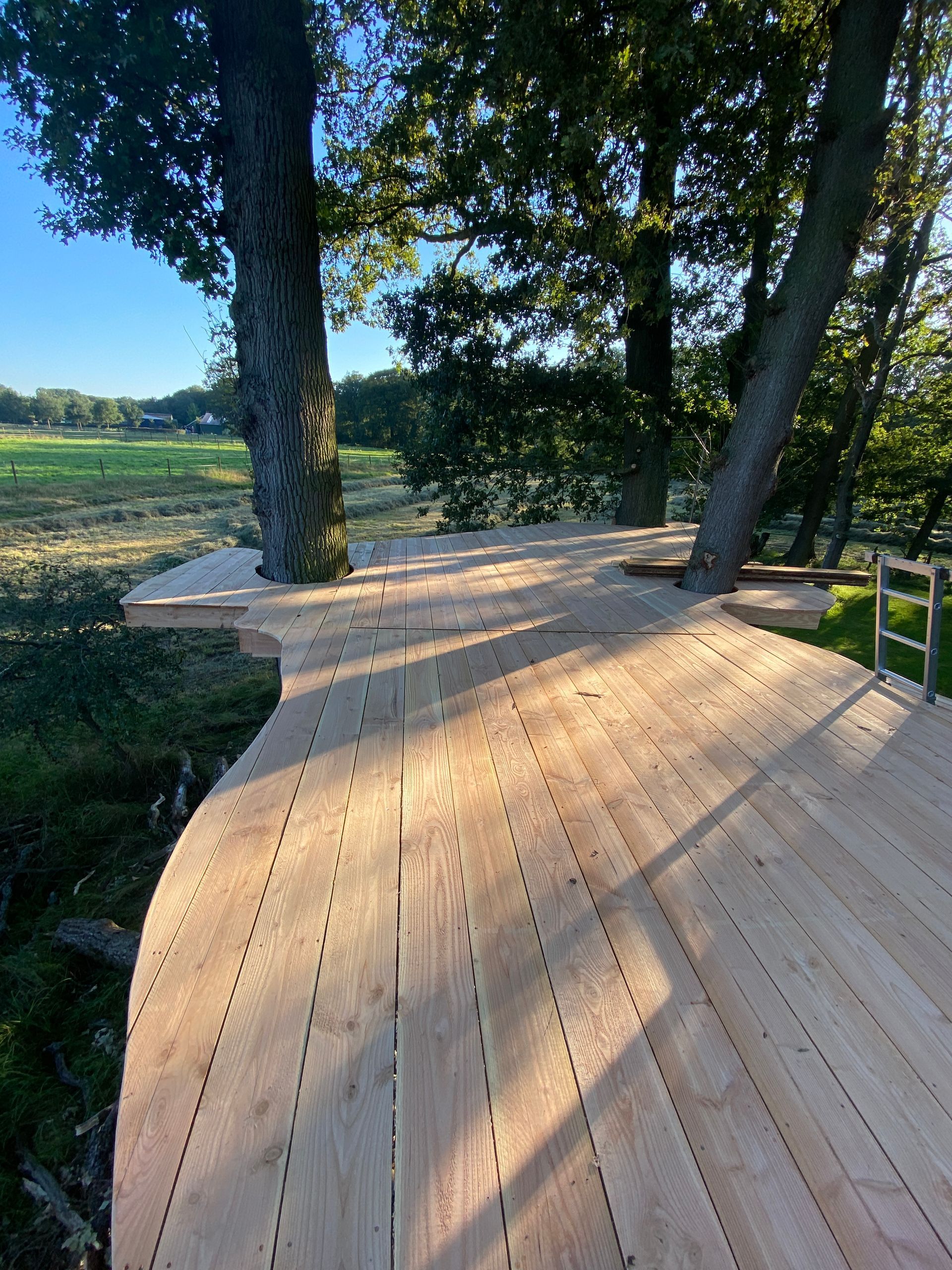 Een houten terras met bomen op de achtergrond en een veld op de achtergrond.