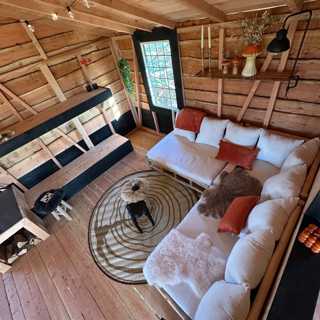 Een luchtfoto van een woonkamer met een bank en een kleed.