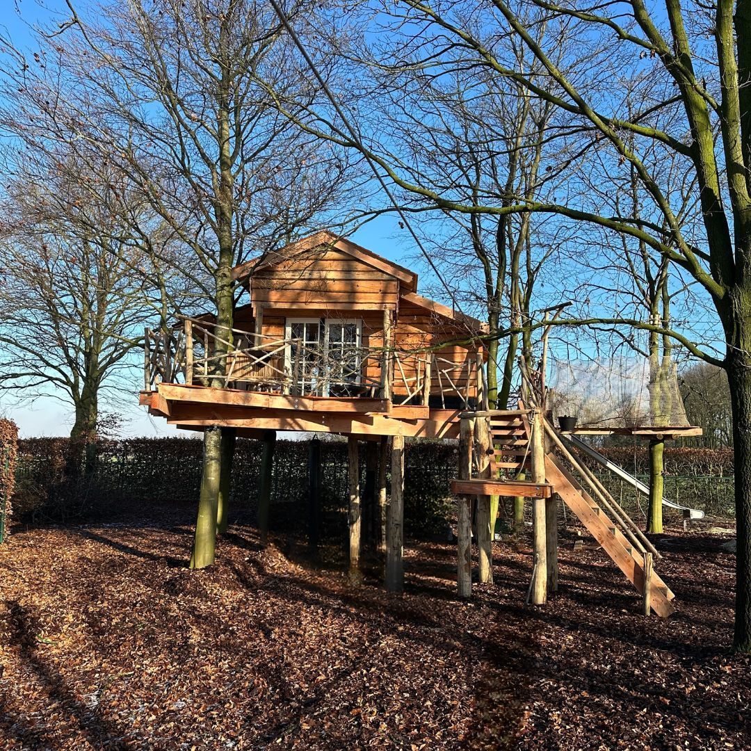 Een boomhut staat op de top van een heuvel, omringd door bomen.