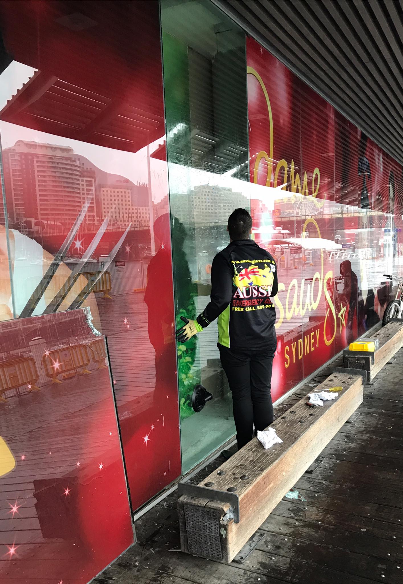 Large commercial shopfront glass at Madame Tussauds Sydney being prepared for replacement and repair.