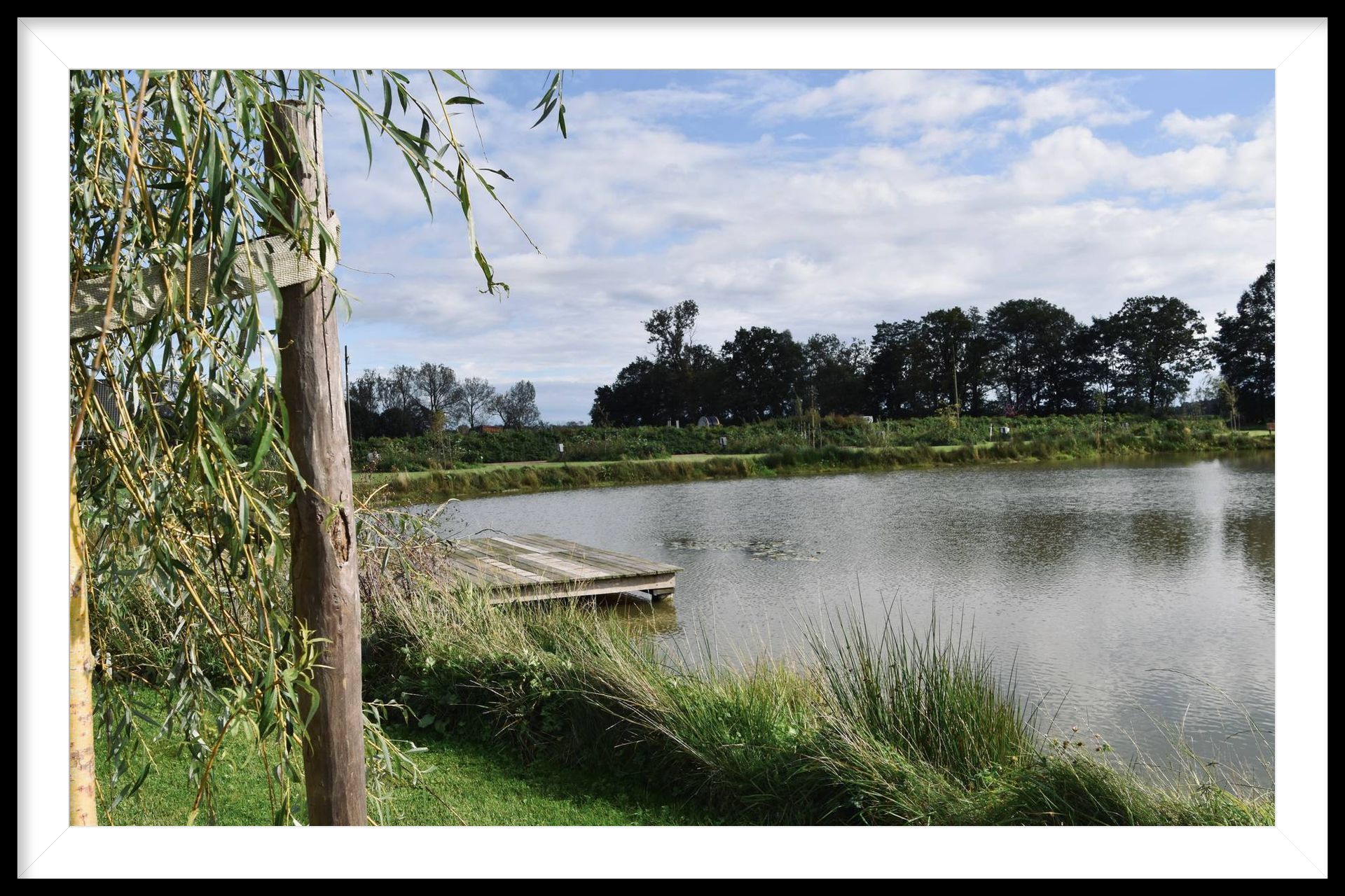 Een foto van een meer met een steiger en bomen op de achtergrond.