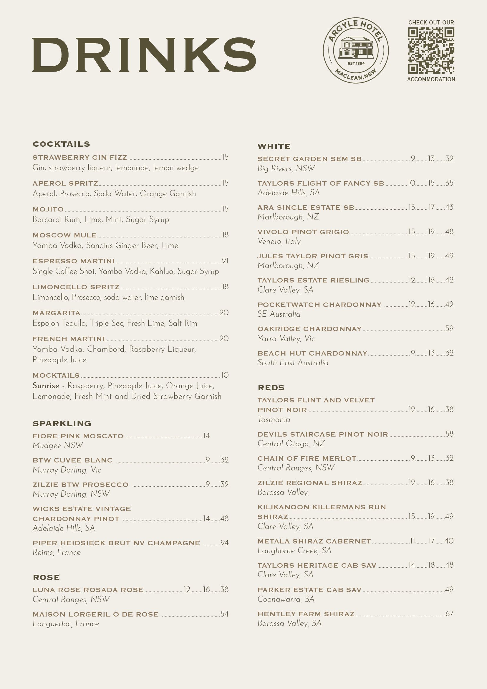 A menu for a The Argyle Hotel Maclean Restaurant 1894 shows a variety of drinks.