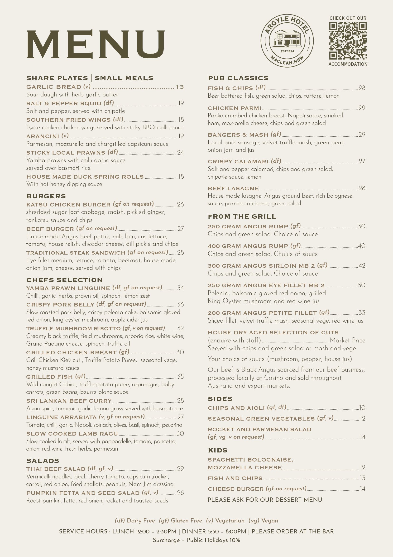 A menu for a The Argyle Hotel Maclean Restaurant 1894 with a lot of food on it