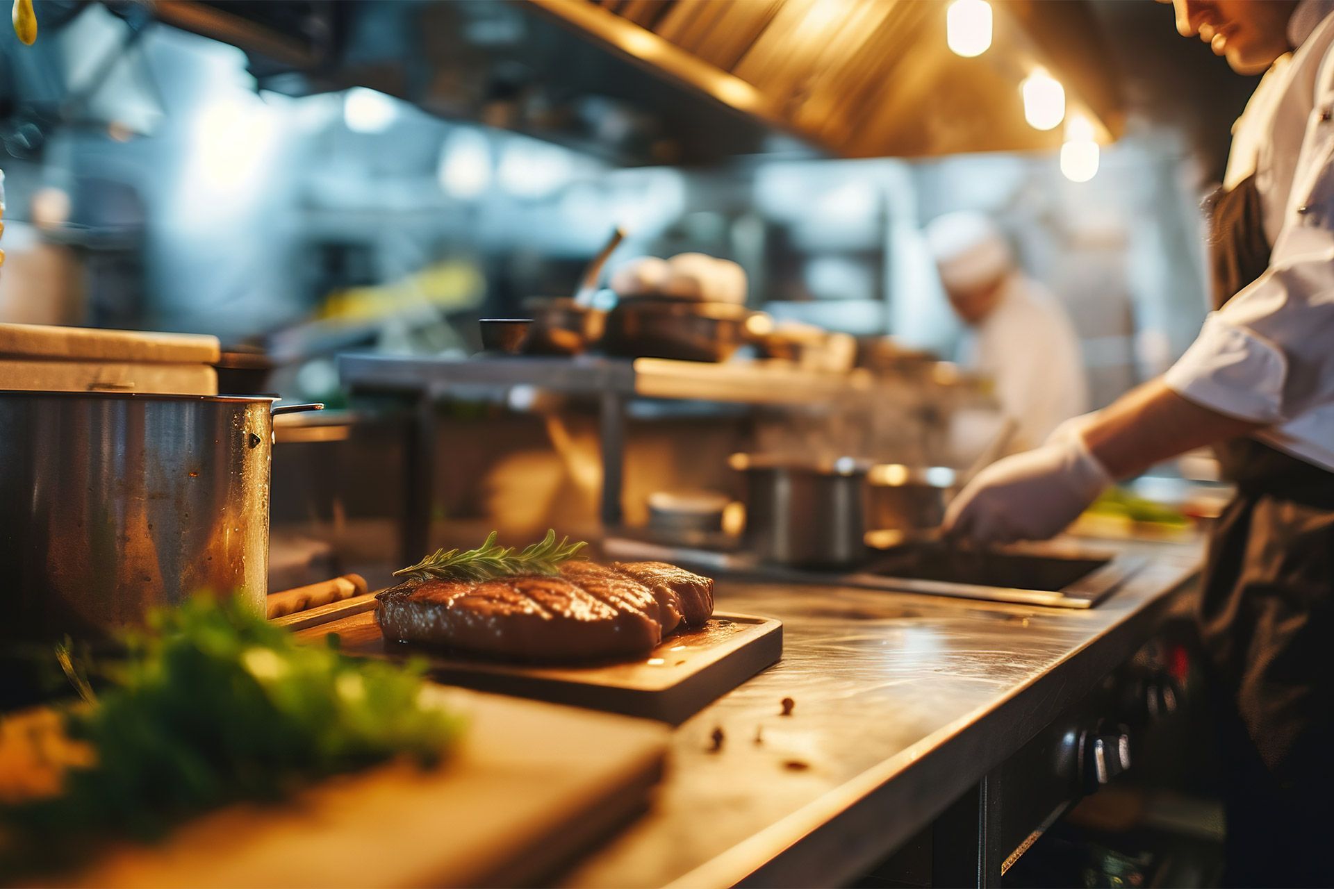 A steak is sitting on a wooden cutting board in a kitchen.