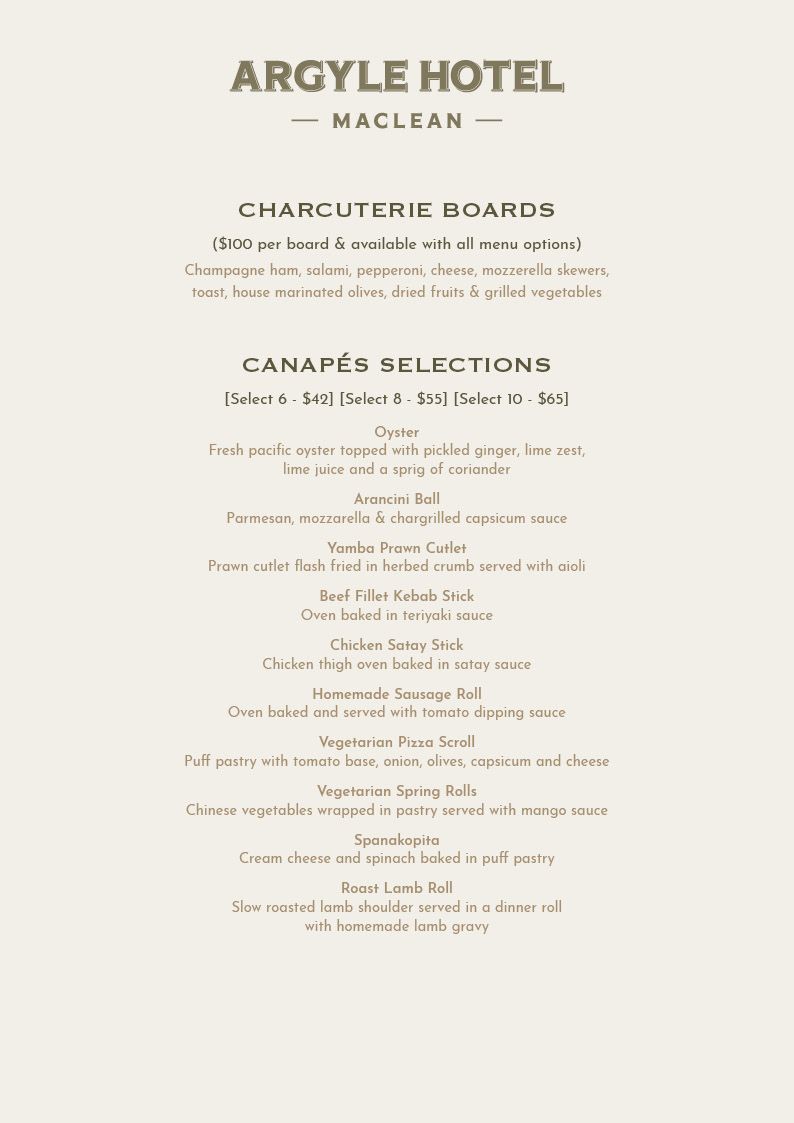 A menu for the argyle hotel in maclean