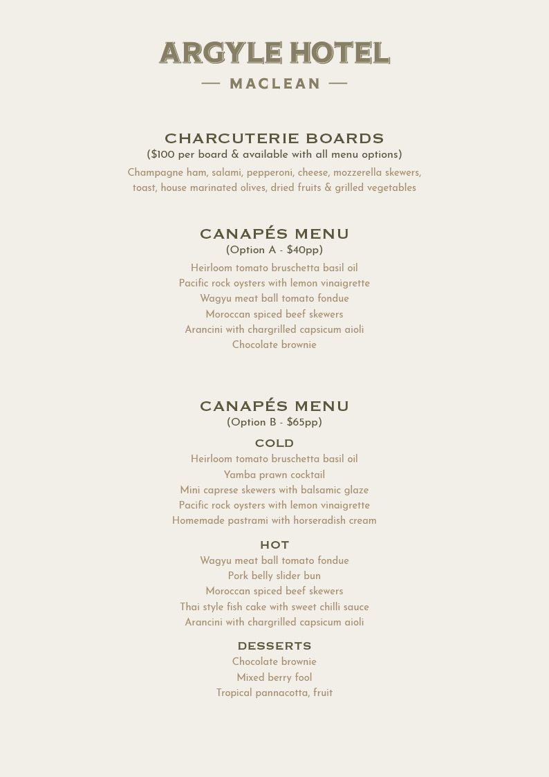 A menu for the argyle hotel in maclean