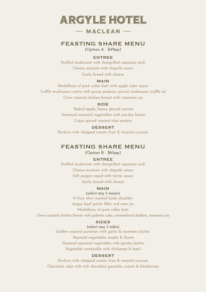 A menu for a restaurant called Argyle Hotel