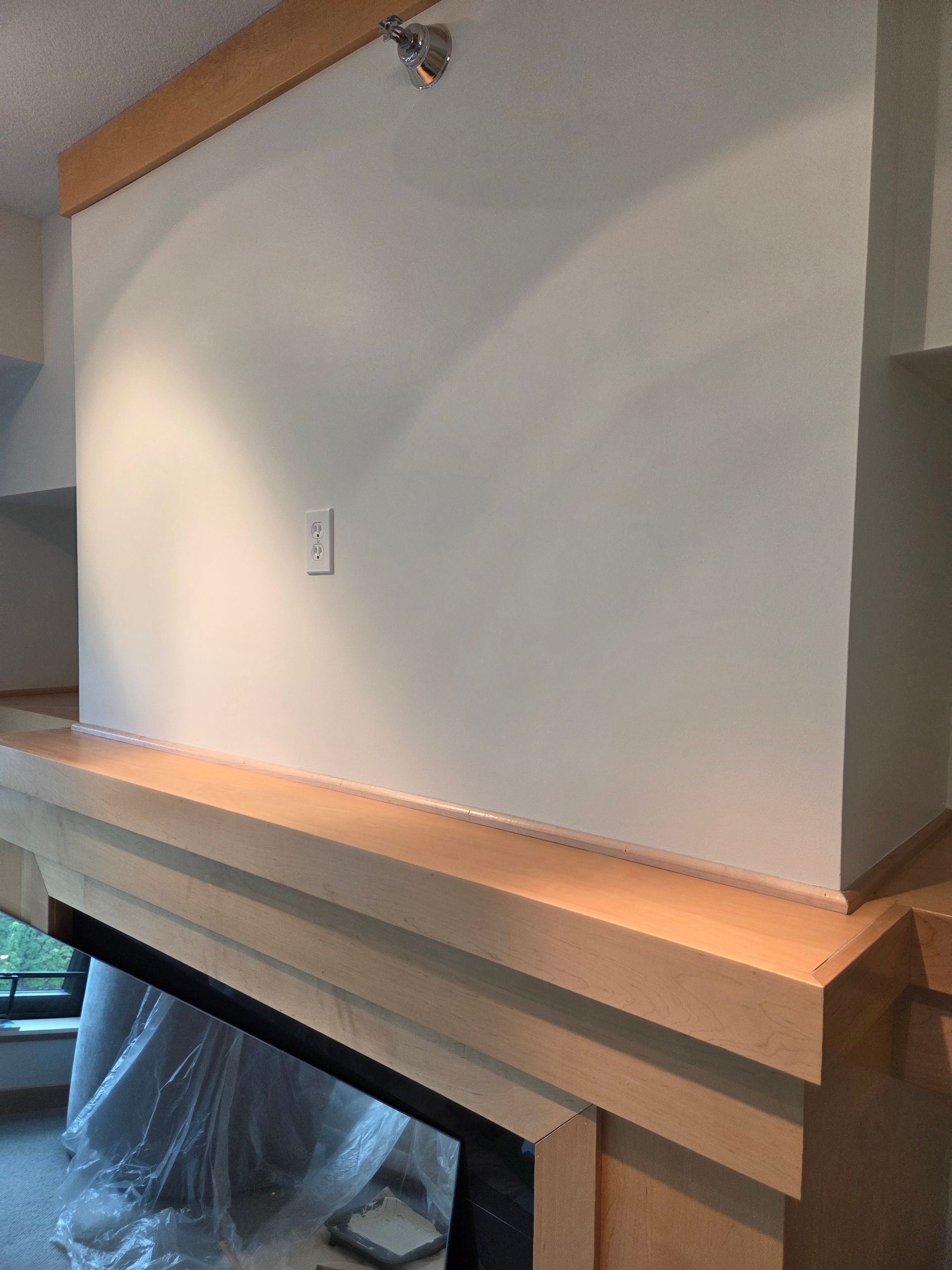 Light-colored fireplace surround with a wood mantel, a centered electrical outlet, and a ceiling-mounted light fixture.