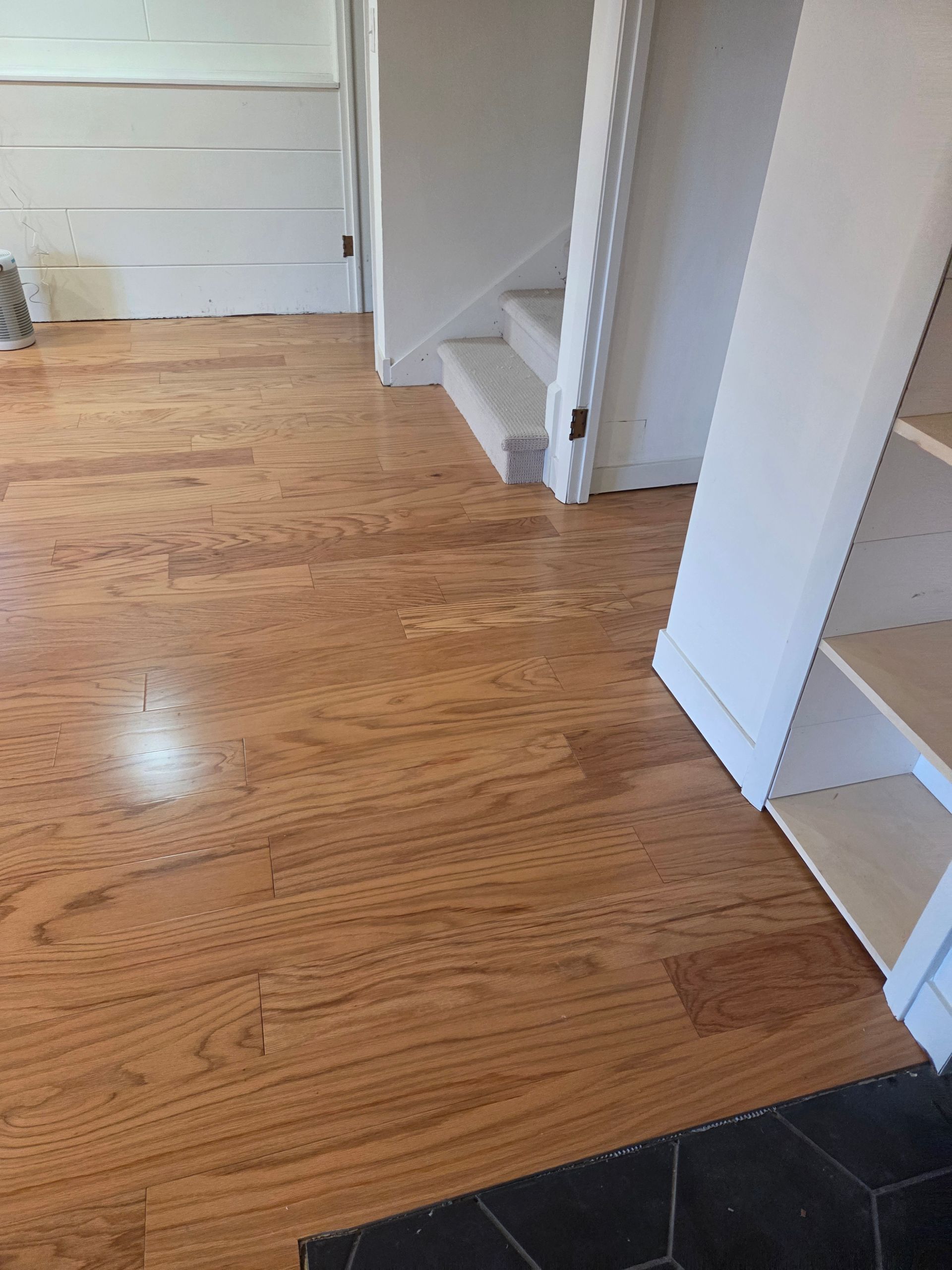 Light-toned hardwood flooring in a room leading to a hallway with a carpeted staircase and a white built-in shelf unit.