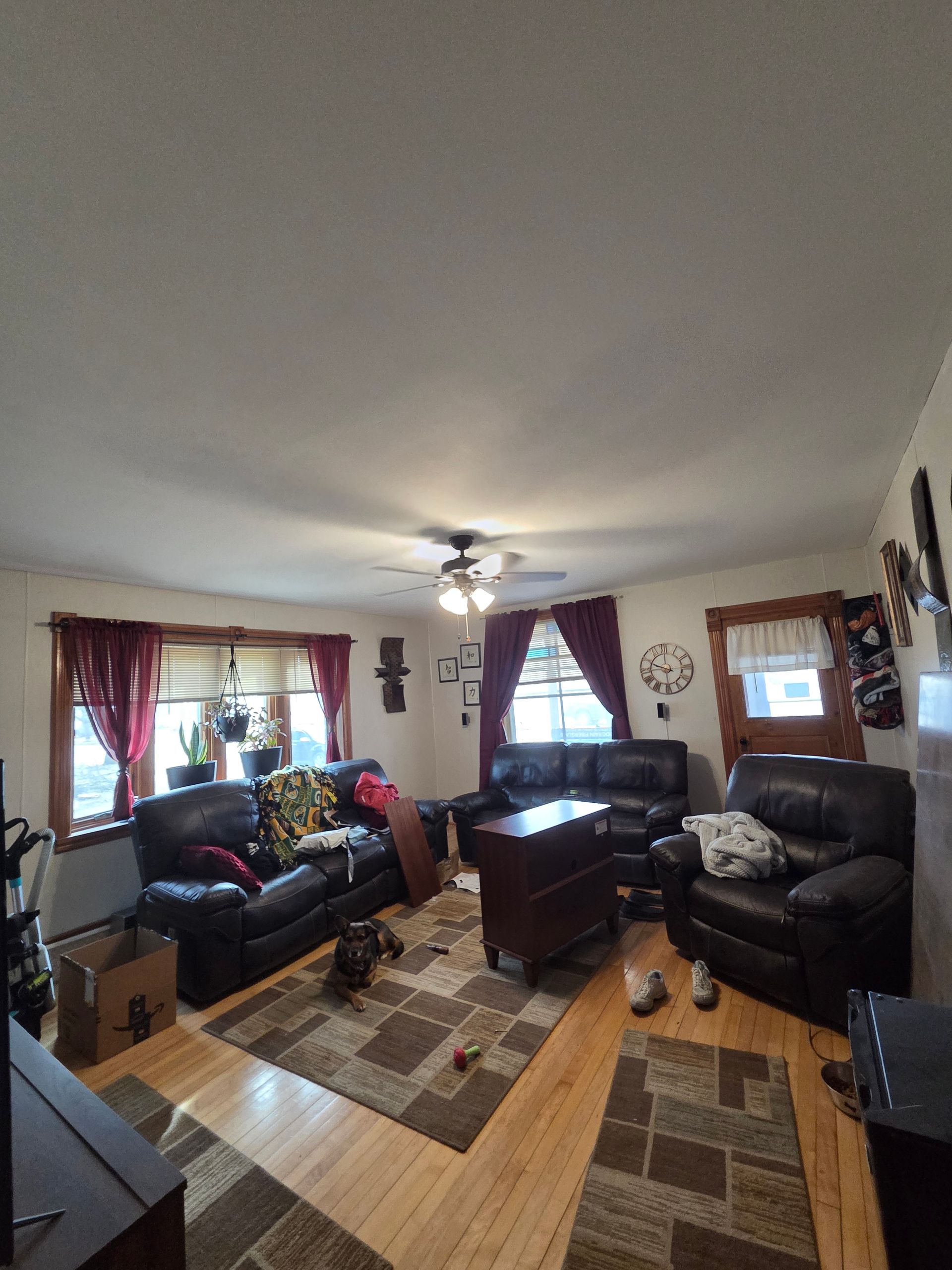 A living room with dark leather sofas, hardwood floors with area rugs, a ceiling fan, and windows with red curtains.