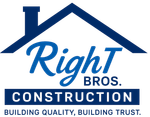 Logo for Right Bros. Construction with a blue house roof icon over the company name and tagline on a white background.