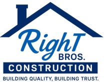 Logo for Right Bros. Construction with a blue house roof icon over the company name and tagline on a white background.