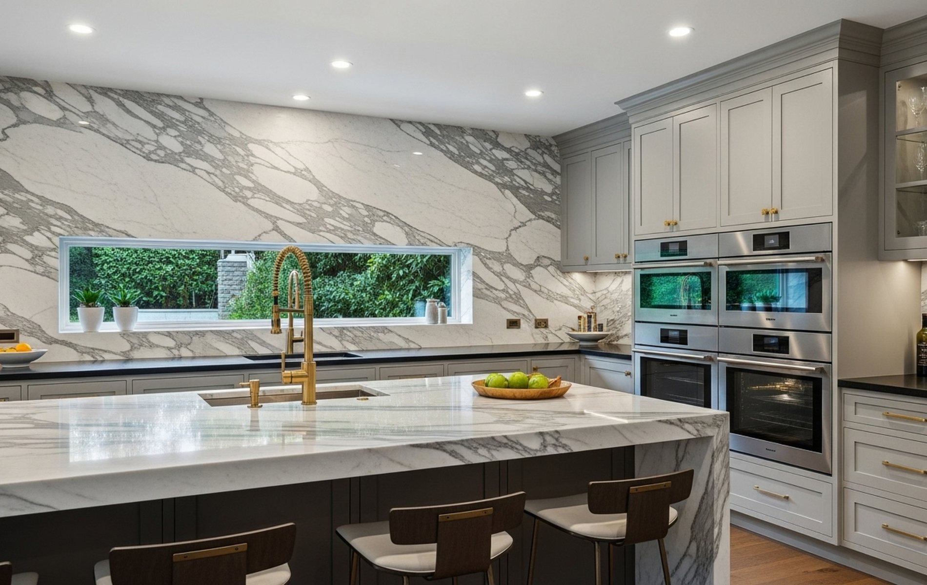 Modern kitchen with marble countertops, stainless steel appliances, and gold accents.