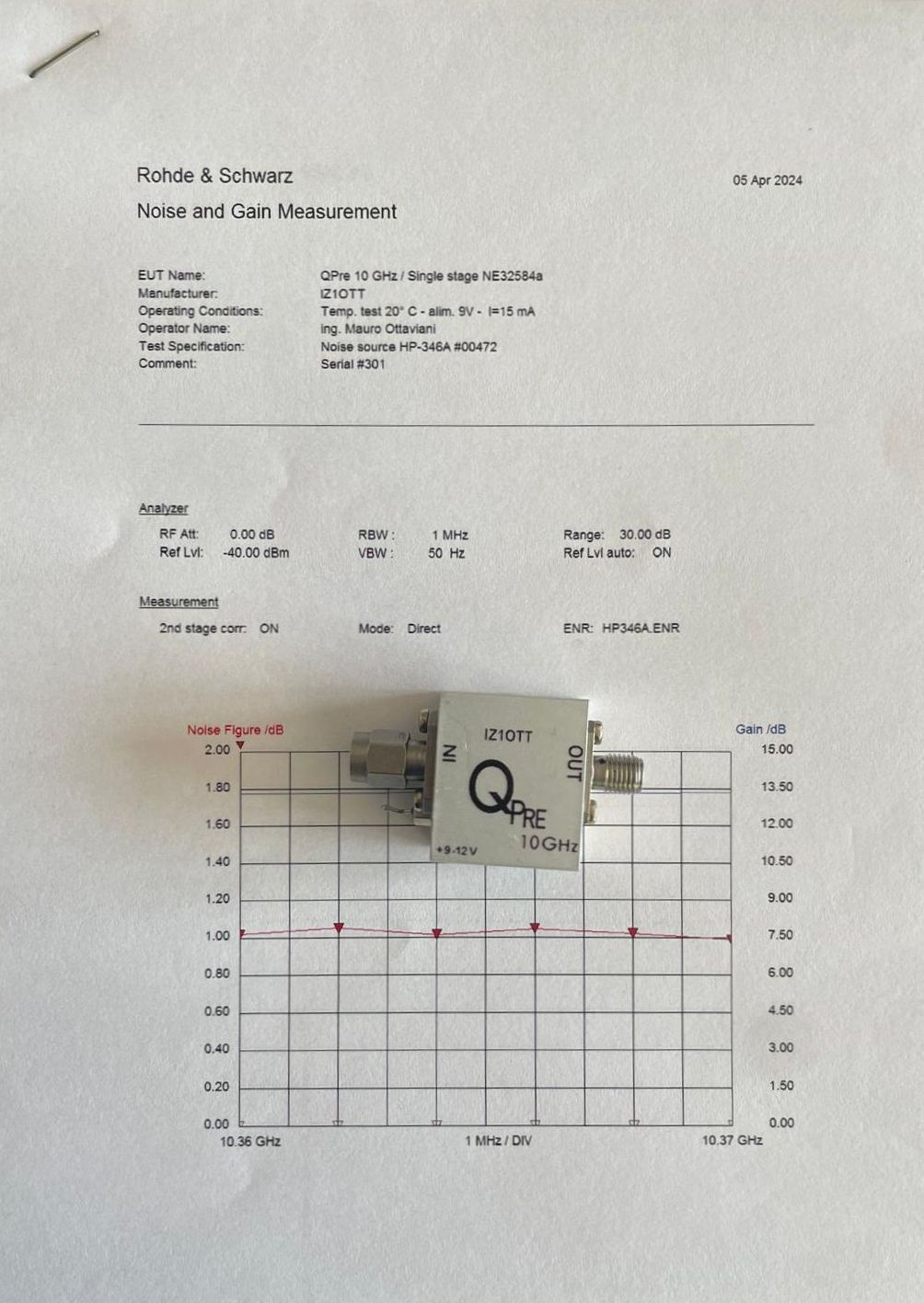 10 GHz preamplifier Single stage NE32584a