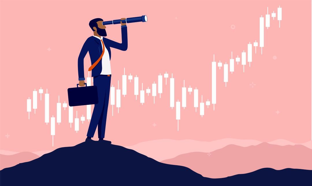 Graphic of a businessman using a telescope atop a mountain.