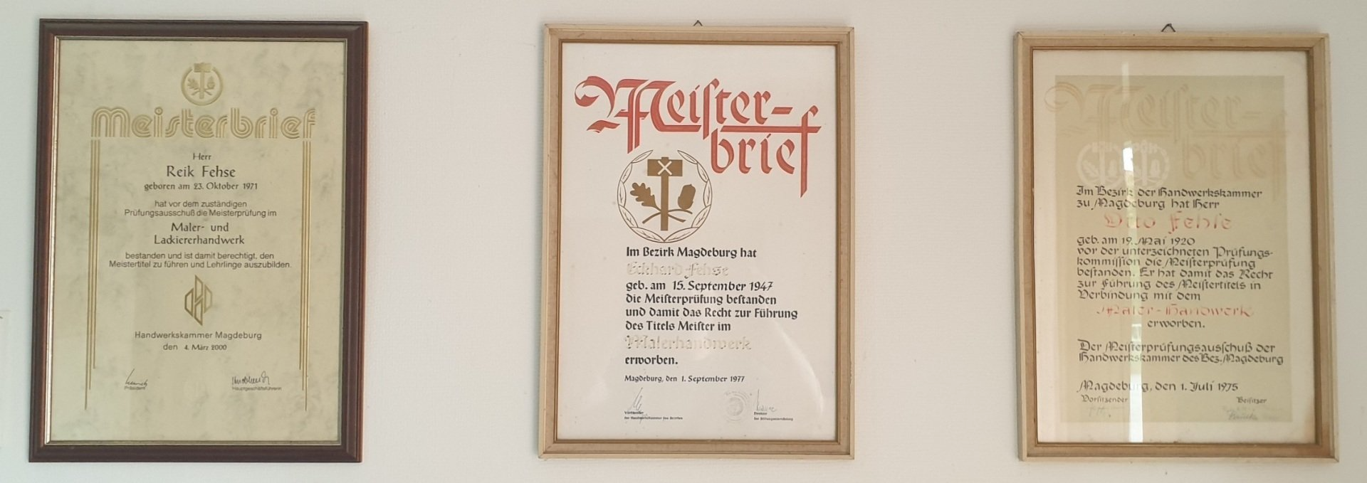 Meisterbriefe von Reik Fehse, Eckhard Fehse & Otto Fehse