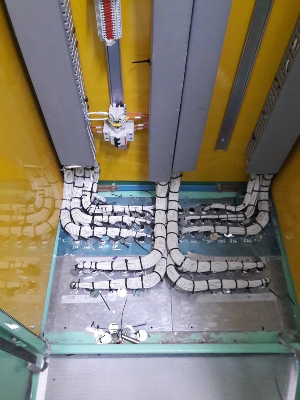 Dentro de un panel eléctrico, los cables se agrupan y se enrutan. Se presentan en colores amarillo, gris y verde azulado.