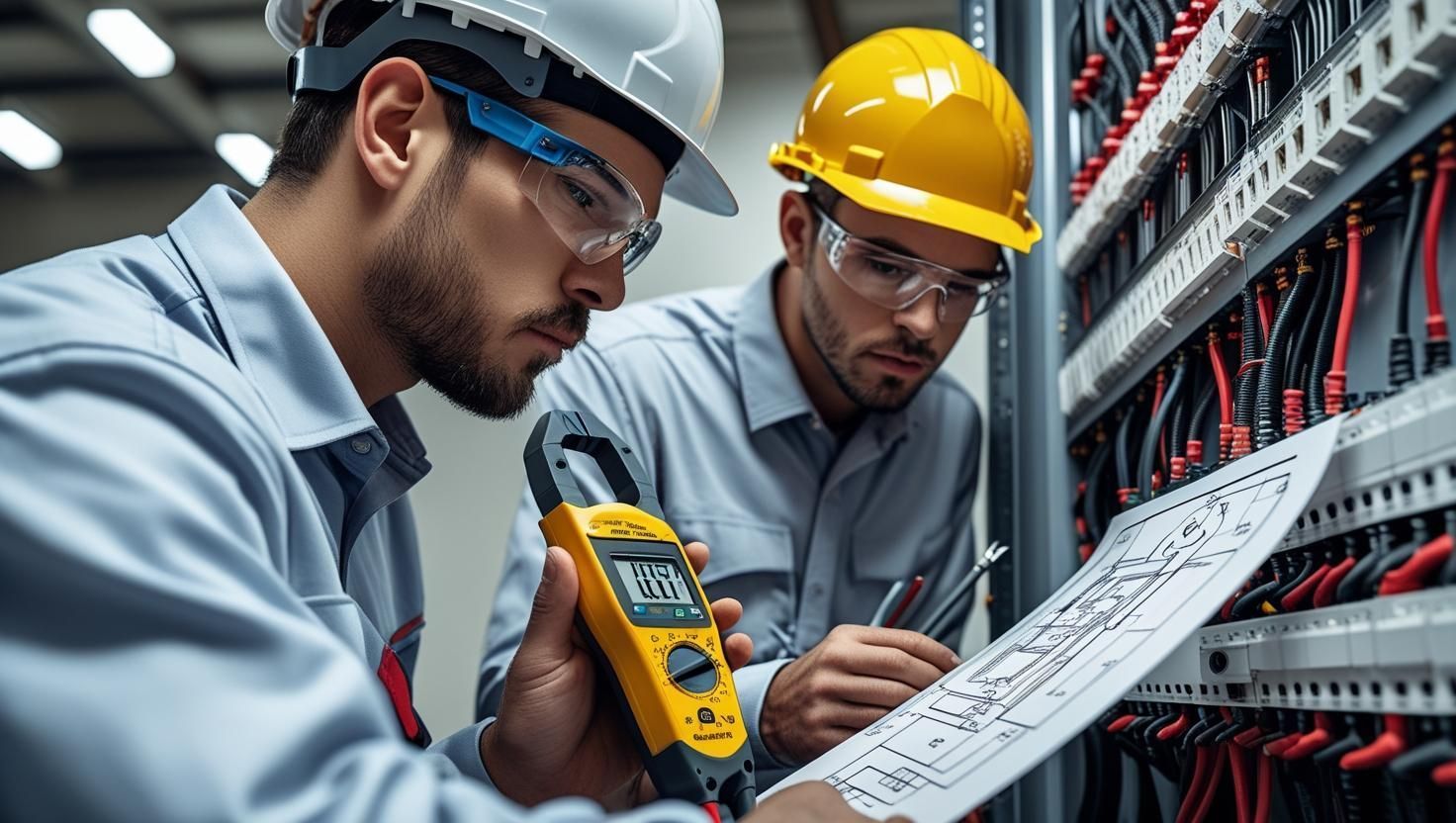 Dos electricistas examinan diagramas de paneles eléctricos. Uno de ellos sostiene un multímetro.