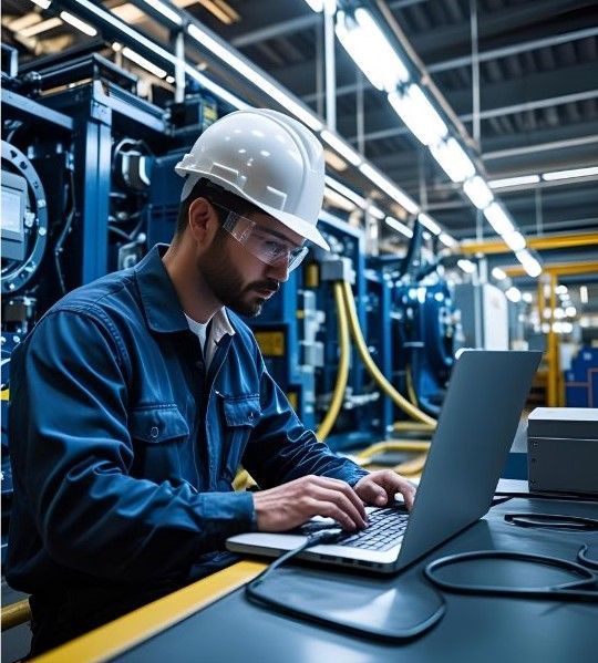 Ingeniero en una fábrica, con casco y gafas de seguridad, trabajando en un ordenador portátil en un escritorio.